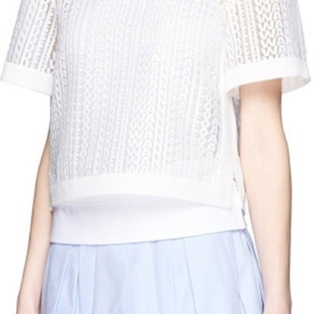 Alexander Wang White Sheer Name Logo Guipure Lace Embroidery Cropped Blouse - Picture 9 of 12